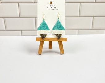 Turquoise Diamond Beaded Earrings, Hand Beaded Earrings, Brick Stitch Earrings