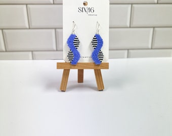 Large Blue Swirl Beaded Earringsd, Hand Beaded Earrings, Brick Stitch Earrings