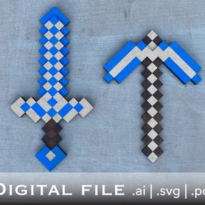 Könnte beinhalten: Ein blaues und weißes Minecraft-Schwert und eine Spitzhacke. Das Schwert hat eine blaue Klinge und einen braunen Griff. Die Spitzhacke hat einen blauen Kopf und einen braunen Griff.
