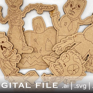 Könnte beinhalten: Ein Set aus sieben Halloween-Motiven aus braunem Holz. Die Figuren umfassen ein Skelett, einen Zombie, einen Werwolf und einen Vampir. Die Figuren sind alle in einem verspielten Cartoon-Stil gehalten.