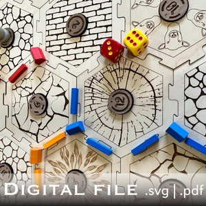 May include: A wooden game board with hexagonal tiles featuring different designs, including brick, cobblestone, and a tree trunk. There are blue, orange, and red wooden pieces on the board, along with two dice, one red and one yellow. The text "DIGITAL FILE .svg | .pdf" is at the bottom of the image.