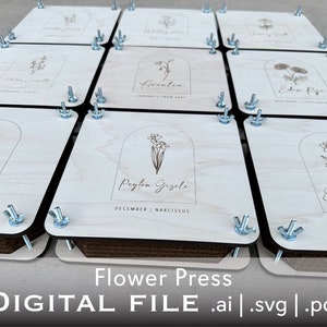 Flower Press Digital File Only - All 12 months included, Wood flower press, Digital File, Laser ready, Fonts listed in files. Easy to edit