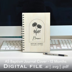 Sólo archivo digital - Portada del diario de madera - Diario de bautismo - Diario de flores - Diario de flores de 12 meses - Diario de madera personal - SVG, AI, PDF