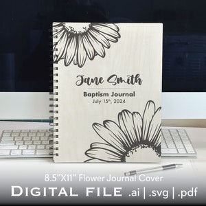 Digitale Datei Nur - Holz Journal Cover - Taufjournal - 8.5X11 - Sonnenblume, Gänseblümchen, Rose, Magnolie - Personal Wood Journal - SVG, AI, PDF