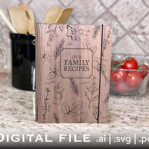 Somente arquivo digital - Recipe Book Designs 2.0 - Livro de receitas de madeira, dobradiça viva, fichário com 3 argolas, SVG, AI, PDF, receitas de família, pronto para laser