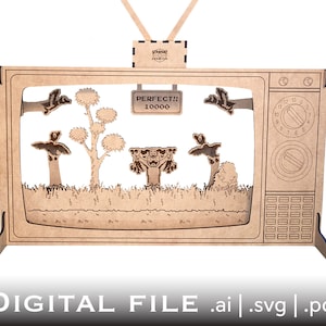May include: A brown cardboard cutout of a retro television with a scene of a video game inside. The game shows a character jumping over obstacles in a jungle setting. The screen also displays the text "PERFECT!! 10000".