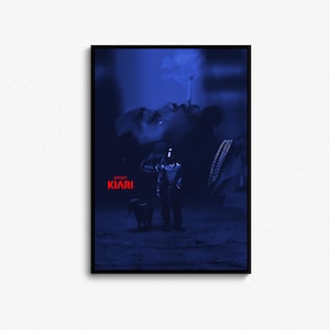 May include: A framed poster in dark blue and red tones. The image shows a person smoking, with the word "KIARI" in red. The poster is in a black frame, mounted on a white wall, suitable for home decor.