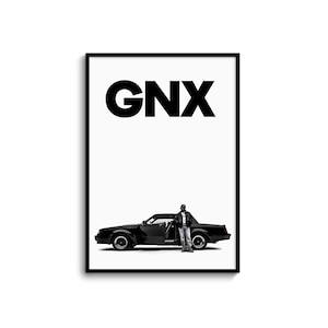 May include: A black and white poster with the word "GNX" in bold black letters at the top. A black car with a person standing next to it is in the bottom half of the poster.