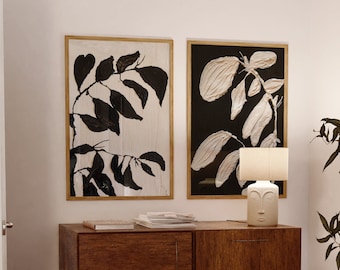 Set mit 2 strukturierten botanischen Wandkunst-Drucken | Abstraktes Strukturbild | Schwarz & Weiß Wall Art Decor | Digitaldruck