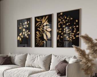 3er-Set Black & Gold Floral Art Painting | Modernes ästhetisches Dekor | Minimal Art Botanische Kunst | Wohnzimmer Kunstdrucke | Digitaler Download