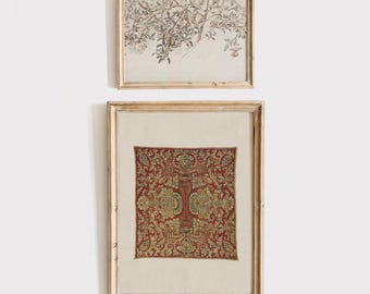 Set of 2 Vintage Botanical & Tapestry Prints | English Country Wall Art | Antique Textile Decor