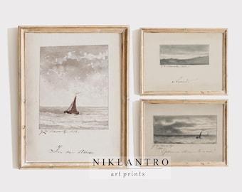 Juego de 3 láminas vintage con motivos costeros, arte mural de paisajes marinos y dibujos antiguos de veleros.