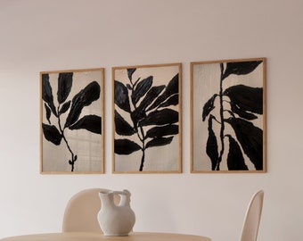Set mit 3 strukturierten botanischen Wandkunstdrucken | Abstrakte Pflanzenmalerei | Schwarz-Weiß-Wandkunst-Dekor | Digitaler Download | Wohnzimmer-Dekor