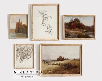 May include: A gallery wall set of five framed art prints with light wood frames. The collection includes two black and white botanical sketches and three landscape paintings featuring trees, a river, and a field with the text NIKLANTRO art prints.