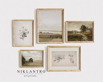 Vintage Farmhouse Gallery Wall Set of 5 | Neutral Landscape Prints | Botanical Wall Art