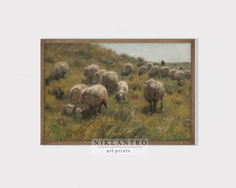 Vintage Printable Countryside Landscape Painting | Herd of Sheep Farmhouse Wall Art | Living Room Decor Prints | Digital Download