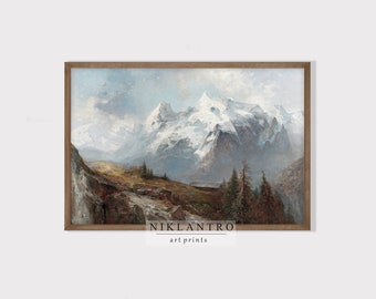 Vintage alpenbergprint | Europese landschapsmuurkunst | Rustiek natuurdecor
