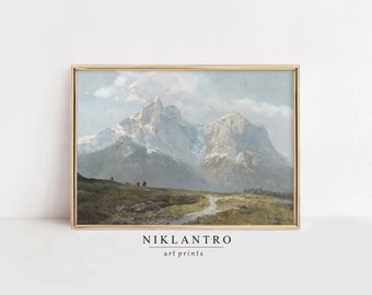 Vintage print met berglandschap | Muurkunst alpen | Schilderij op het Europese platteland