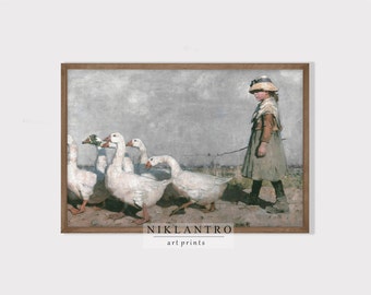 Vintage Goose Herd Print | English Country Wall Art | Farmhouse Animal Painting