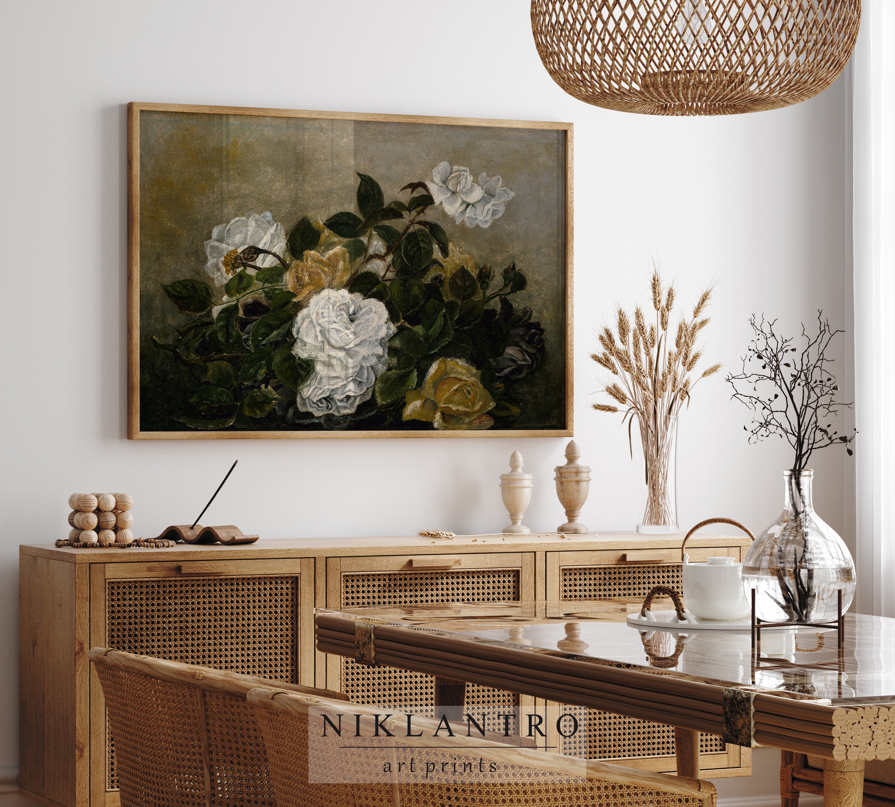 Vintage Flower Still Life Oil Painting | Antique Rose Wall Art | Moody ...