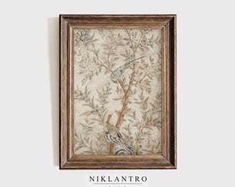 Vintage Birds Tapestry Print, Antique Botanical Textile Decor, French Country Wall Art
