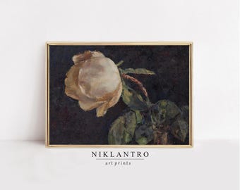 Vintage Rose Still Life Oil Painting | Moody Home Decor Wall Art Print | Digital Download