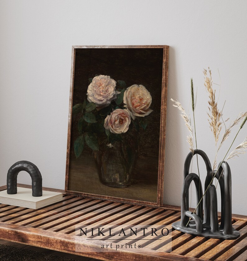 Vintage Rose Oil Painting Moody Floral Art Print Still Life Wall Art ...