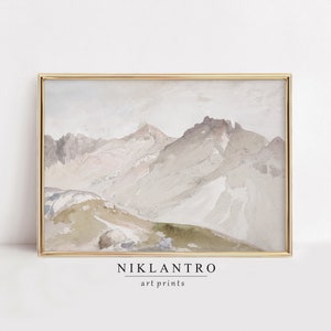 Vintage Mountain Landscape Watercolor Painting | Printable Neutral Scenery Wall Decor | Digital Downloadable Kitchen Wall Art