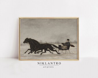 May include: A vintage painting of a horse-drawn sleigh with two black horses galloping through a snowy landscape. The driver is wearing a dark coat and hat, and the sleigh is filled with blankets.