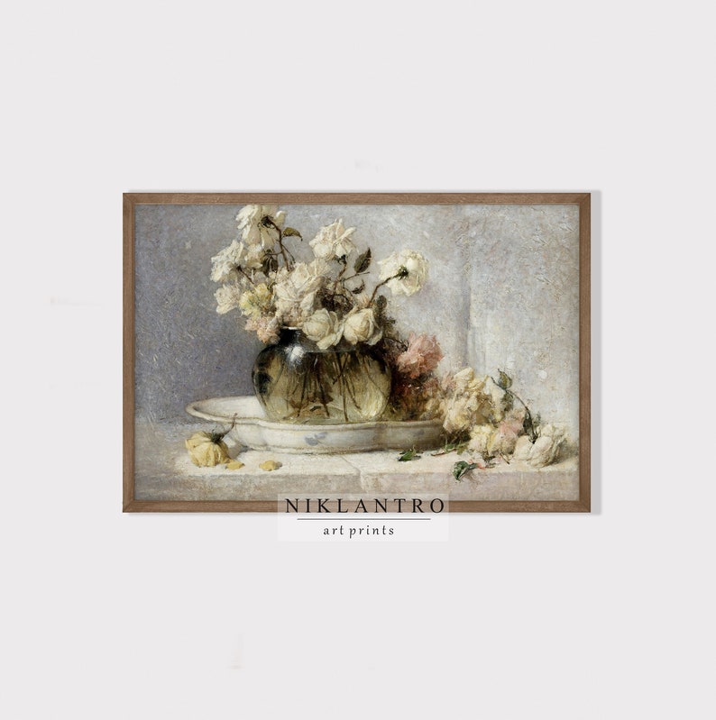 Printable Flower Still Life Decor Vintage Roses Painting Neutral Rustic European Farmhouse Prints Digital Downloadable Art image 1