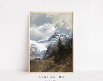 Vintage Mountain Landscape Painting | Rustic Farmhouse Decor Digital Print