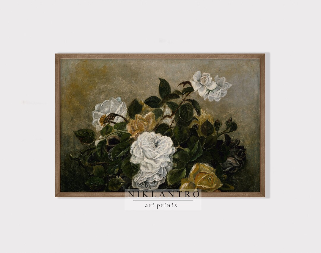 Vintage Flower Still Life Oil Painting | Antique Rose Wall Art | Moody ...