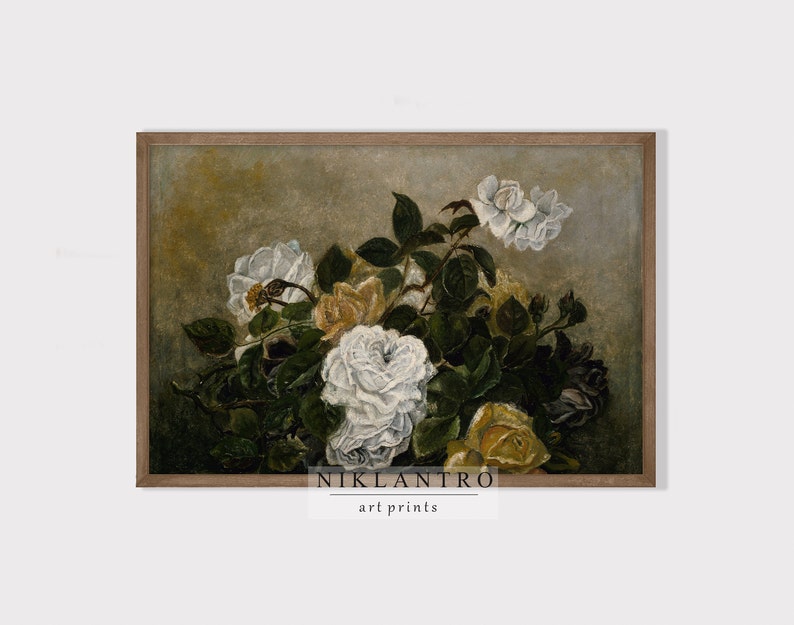 Vintage Flower Still Life Oil Painting | Antique Rose Wall Art | Moody ...
