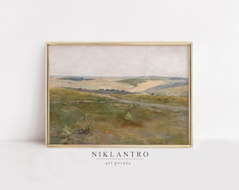 Vintage Countryside Landscape Print | Rustic Farmhouse Decor | Meadow Painting