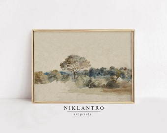 Vintage Neutral Landscape Painting | Living Room Wall Art Prints | Antique Scenery Watercolor Painting | Digital Download