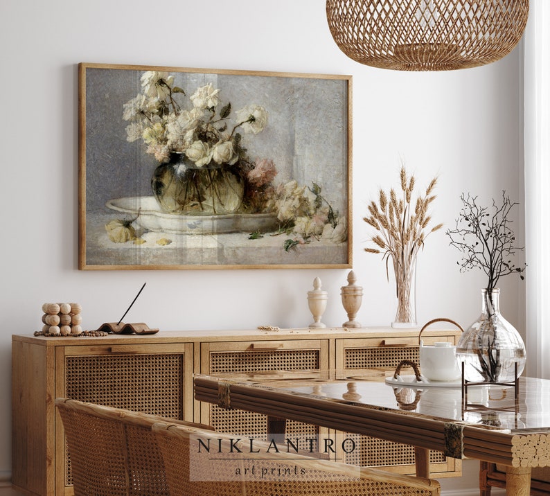 Stilleben Blumen Dekor Vintage Rosen Malerei Neutral Rustikales europäisches Bauernhaus Poster Digitale herunterladbare Kunst Bild 2