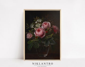 Antike rosa Rosen Blumen Stillleben Ölgemälde | Vintage Dark Academia Dekor | Druckbare Wohnzimmer Botanische Kunst | Digitaler Download