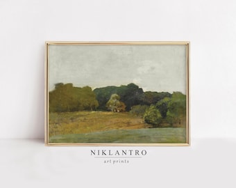 Vintage Countryside Landscape Print | Rustic Farmhouse Decor | Pastoral Meadow Painting