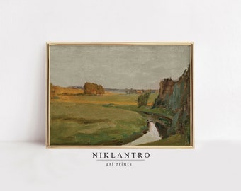 Vintage Meadow Landscape Oil Painting | Rustic Farmhouse Decor | Pastoral Field Wall Art