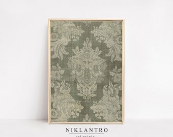 Green Botanical Tapestry Print | Vintage Textile Artwork | Cottagecore Decor