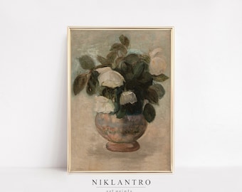 May include: A vintage painting of a bouquet of white roses in a brown and pink vase. The roses are arranged in a loose, natural style, and the vase is decorated with a floral pattern.