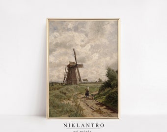 Rustic Windmill Painting | Printable Vintage Country Cottage Landscape Wall Art | Living Room Wall Art Print | Digital Download