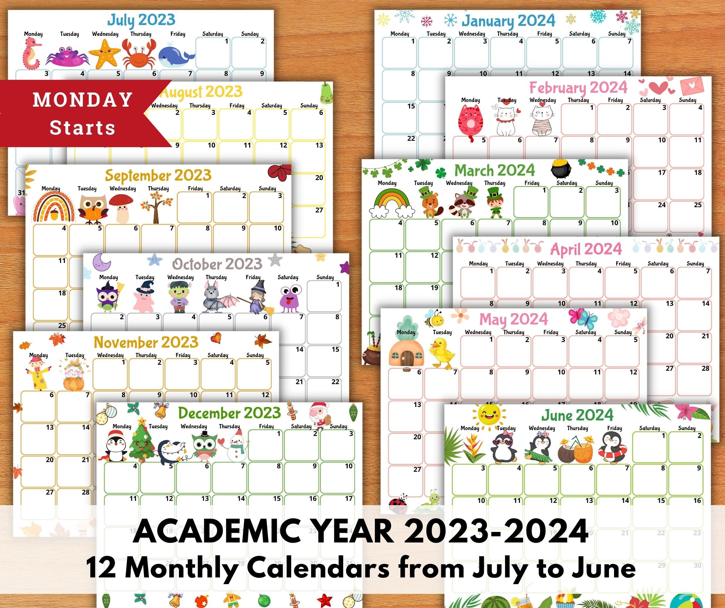 EDITABLE School Calendar 20232024 From July to June monday Etsy UK