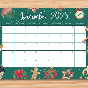 EDITABLE December 2025 Calendar, Vintage Christmas with Cute Ornaments, Printable Monthly Planner for Kids School Home Work Office, Digital