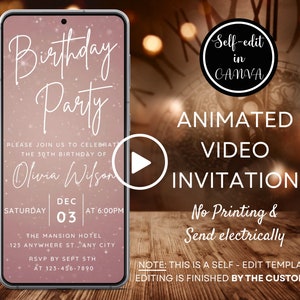 Video Rose Gold Glitter Birthday Party Invitation, Any Age Birthday Invite for Women Girls Teens, Digital Phone Invitation, Canva Template