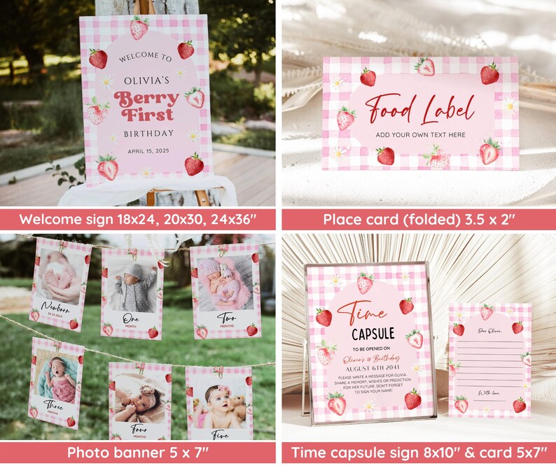 Pink Gingham Berry First Birthday Invitation Bundle, Strawberry 1st ...