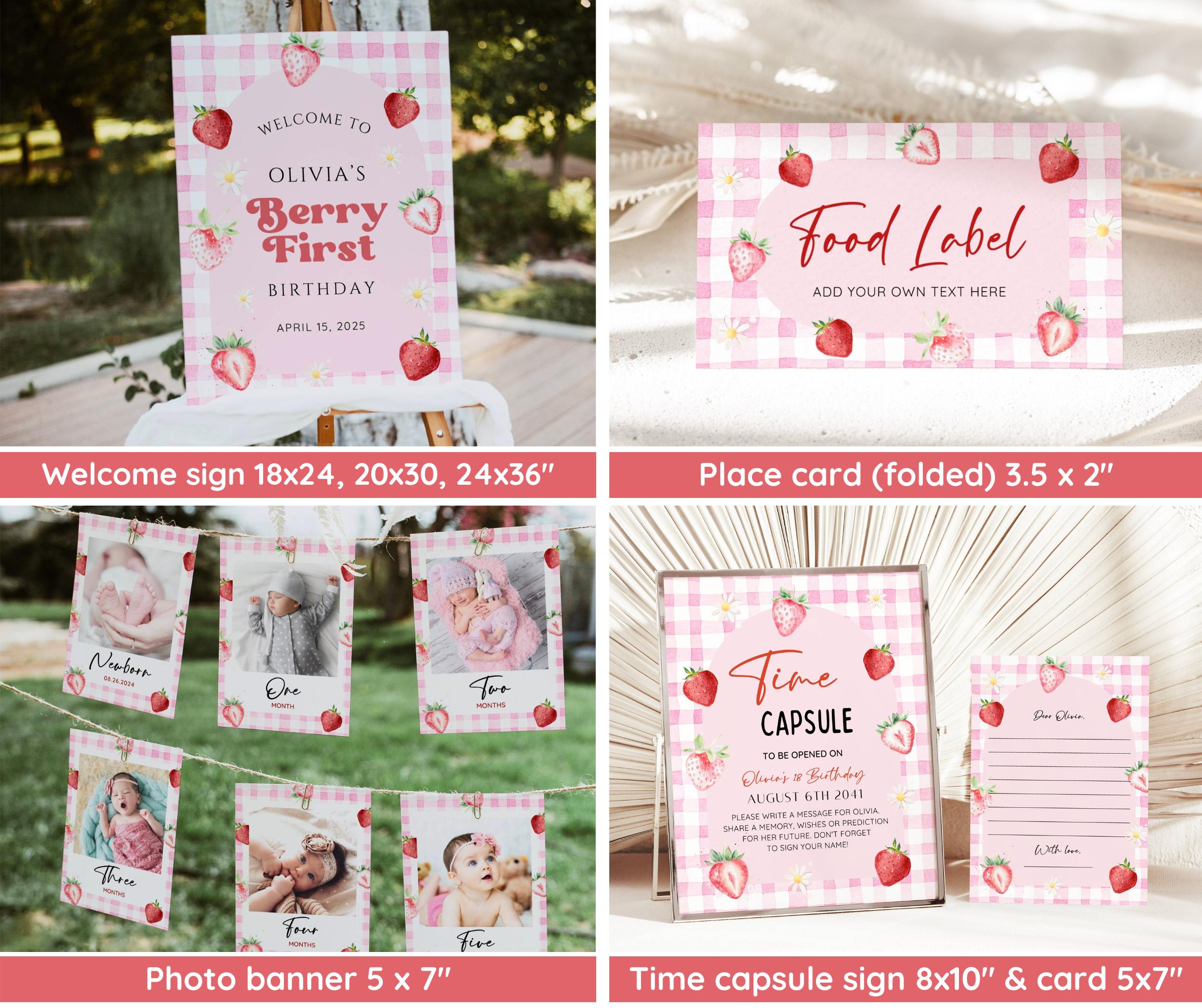 Pink Gingham Berry First Birthday Invitation Bundle, Strawberry 1st ...