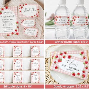 May include: A set of printable baby shower party decorations featuring a pink and white gingham pattern with strawberries. The set includes an invitation, thank you card, water bottle labels, candy bar wrappers, and editable signs. The text on the invitation reads "Someone berry sweet is on the way!" and the text on the candy bar wrapper reads "Olivia's Baby Shower 26.08.2024".