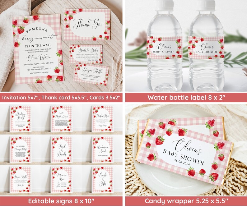 May include: A set of printable baby shower party decorations featuring a pink and white gingham pattern with strawberries. The set includes an invitation, thank you card, water bottle labels, candy bar wrappers, and editable signs. The text on the invitation reads "Someone berry sweet is on the way!" and the text on the candy bar wrapper reads "Olivia's Baby Shower 26.08.2024".