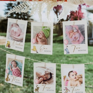 Klassische Winnie the Pooh Monatliche Meilenstein-Fotokarten, bearbeitbare Vintage Pooh 1st Geburtstagsfotobanner, Pooh Bär Dekor, Mädchen erster Geburtstag